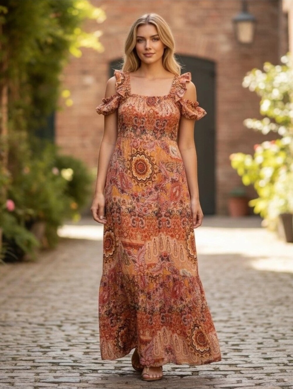 Knox Rose Orange Paisley Floral Smocked Cold Shoulder Maxi Dress Size M Prairie